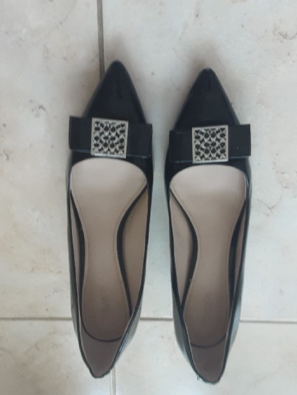 Coach Black Pointed Toe Flats with Decorative Silver Buckle